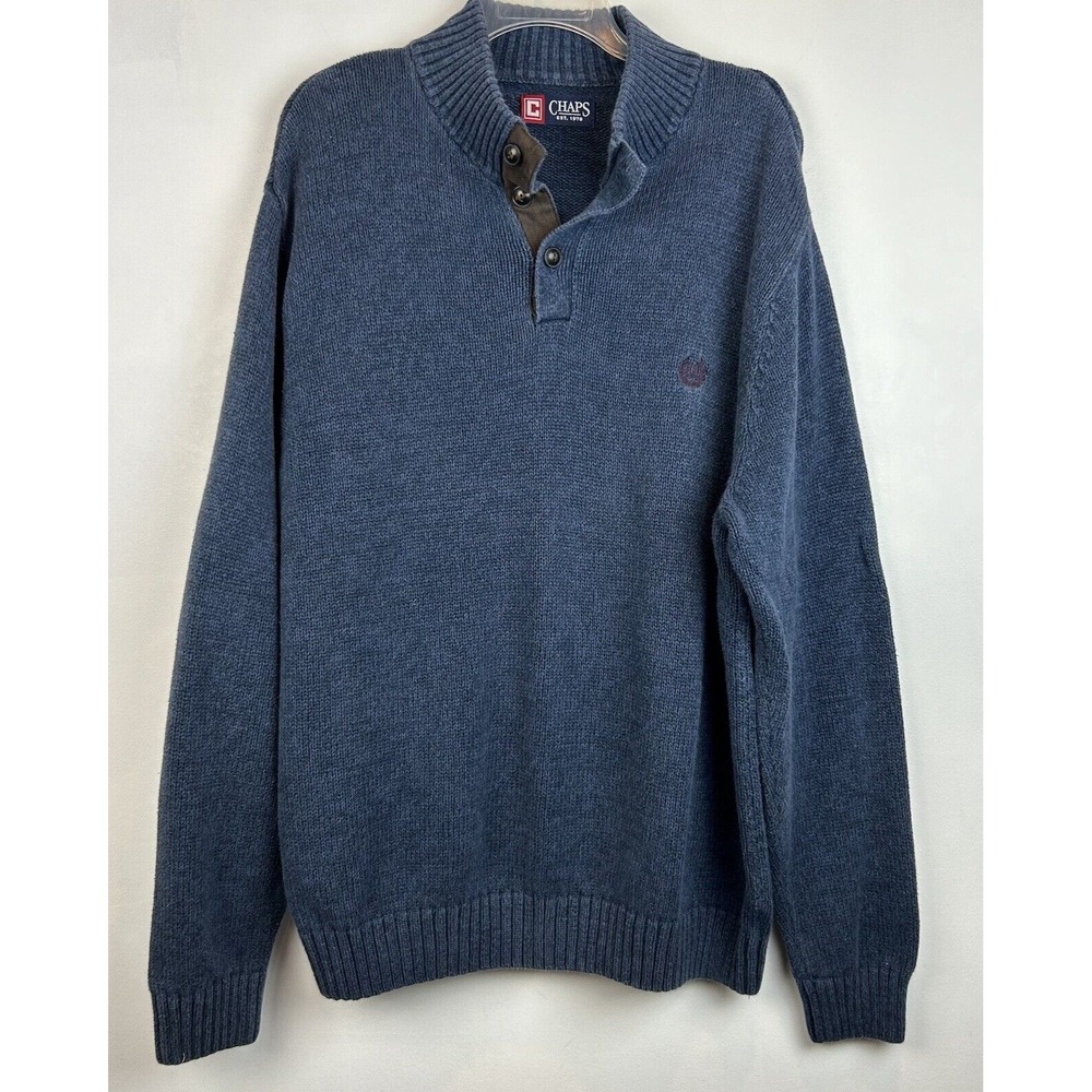 Chaps Sweater Mens XXL Quarter Button Elbow Patch Mock Neck Blue Cotton Read
